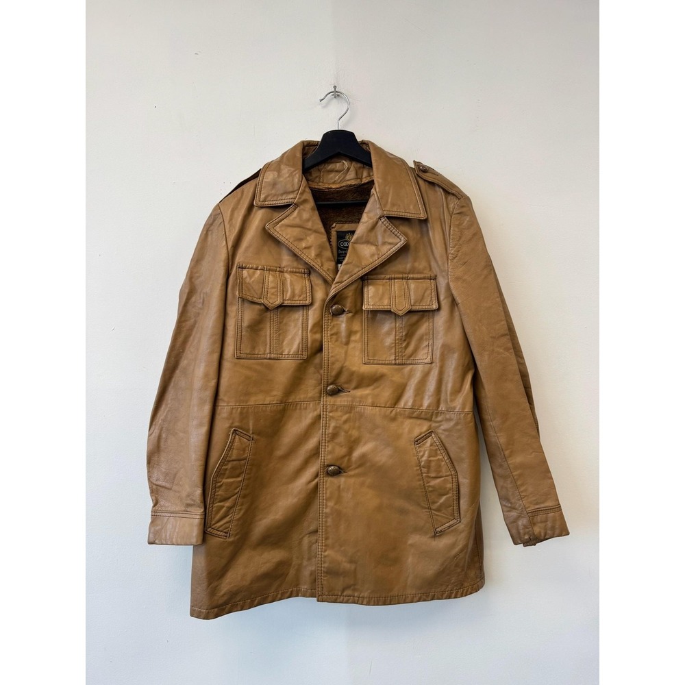 Vintage Cooper Coat Mens 40 Brown Leather Faux Fur Lined Military Field 70s‎